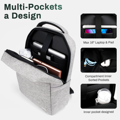 Durable 16''Laptop Backpack for Men and Women,Anti-Theft Travel Backpack,Slim College Backpack,Water-Resistant Carry On Backpack with Back Hidden Pockets,Gray