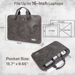 Aisboks PU Leather Laptop Bag 15.6''-16'',Premuim 180°Full Opening Laptop Case, Slim Laptop Sleeve with Luggage Strap&Accessory Pocket, Grey,Father's Gift