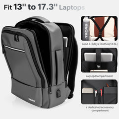 Travel Laptop Backpack with USB Charging Port-30L Luggage Bag for 13-17.3 Inch Laptops,Wear and Water Resistance Carry-On Backpack,Dark Gray