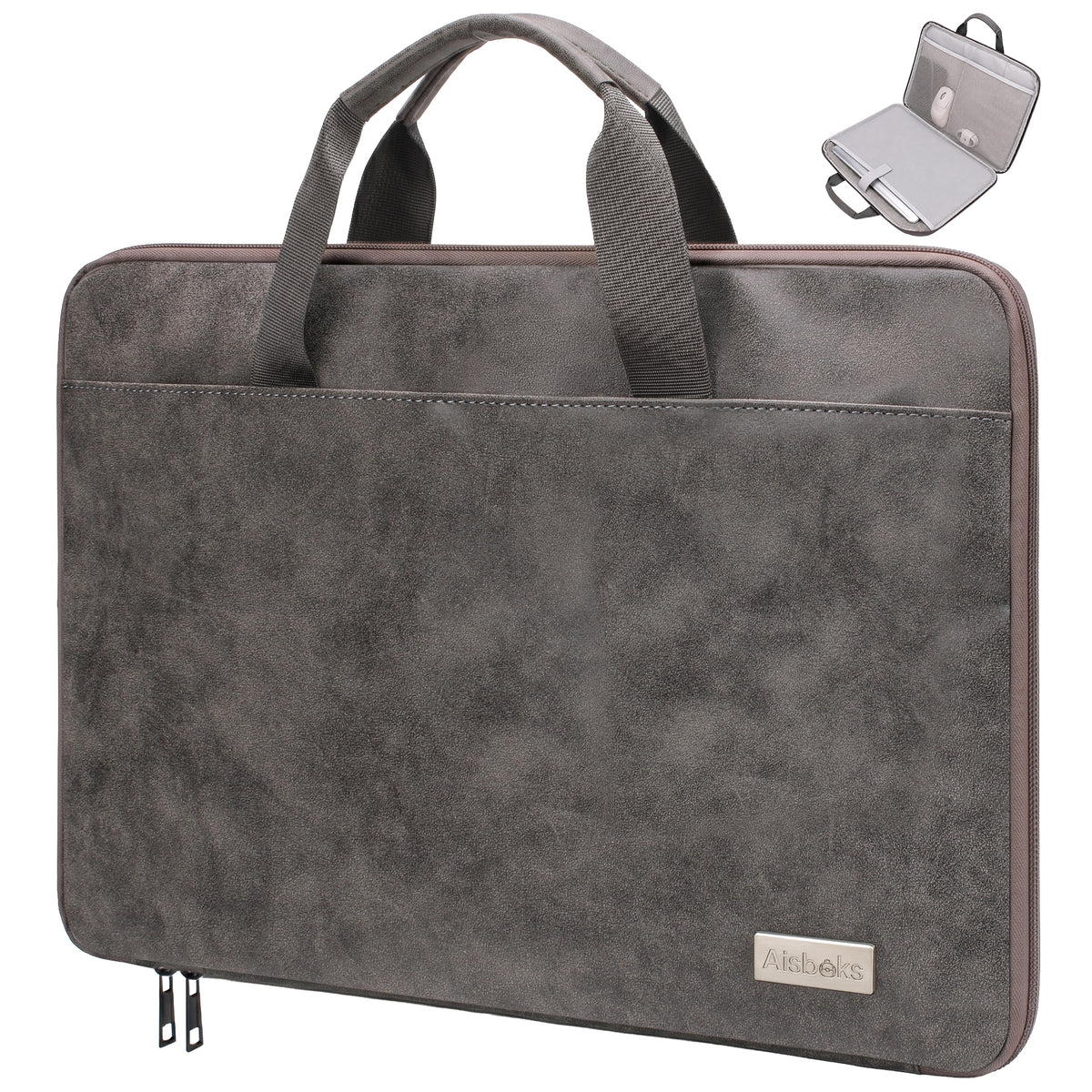 Aisboks PU Leather Laptop Bag 15.6''-16'',Premuim 180°Full Opening Laptop Case, Slim Laptop Sleeve with Luggage Strap&Accessory Pocket, Grey,Father's Gift