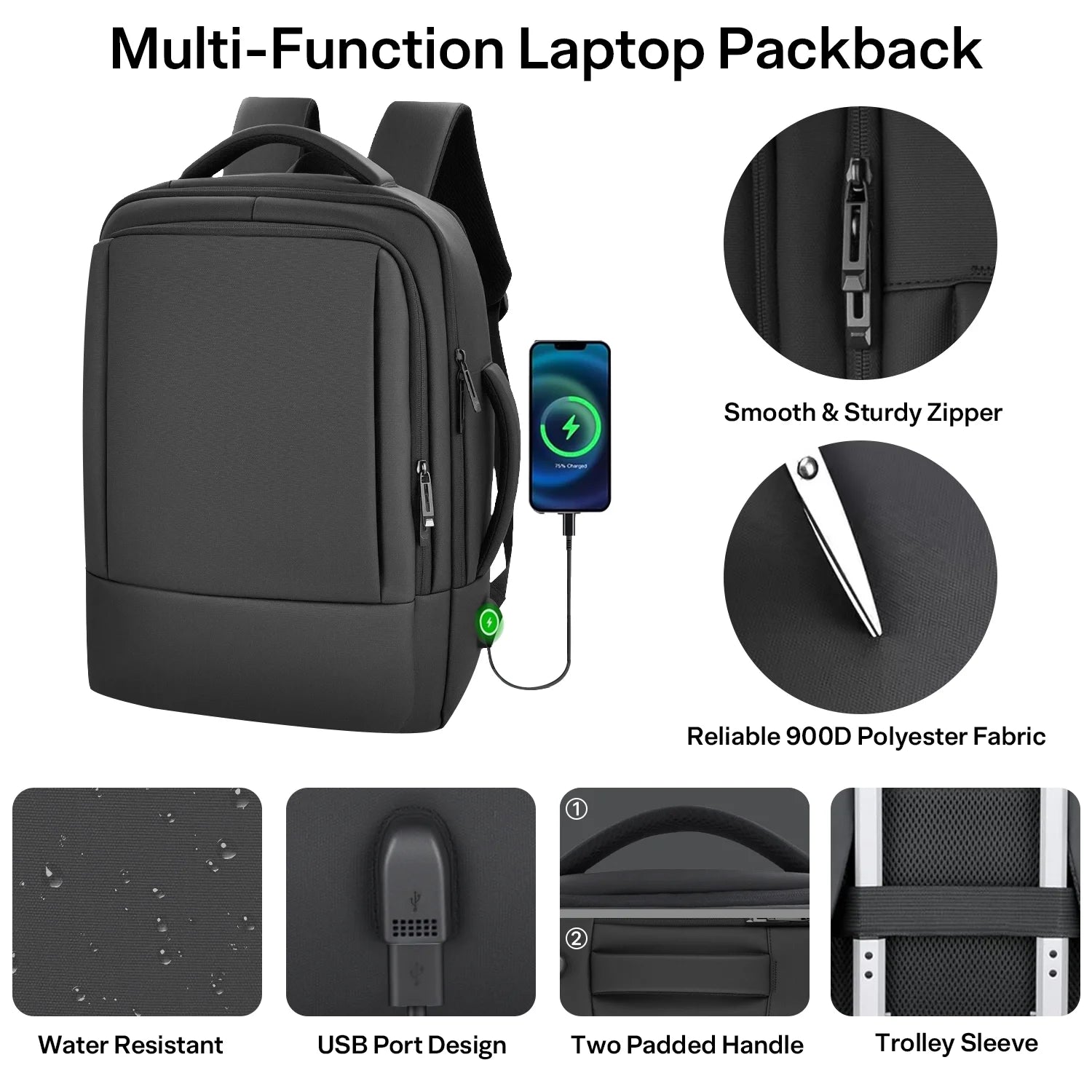 Aisboks Travel Laptop Backpack with USB Charging Port – 36L Expandable Luggage Bag (40% Extra Space) for 17/15.6-Inch Laptops, Black