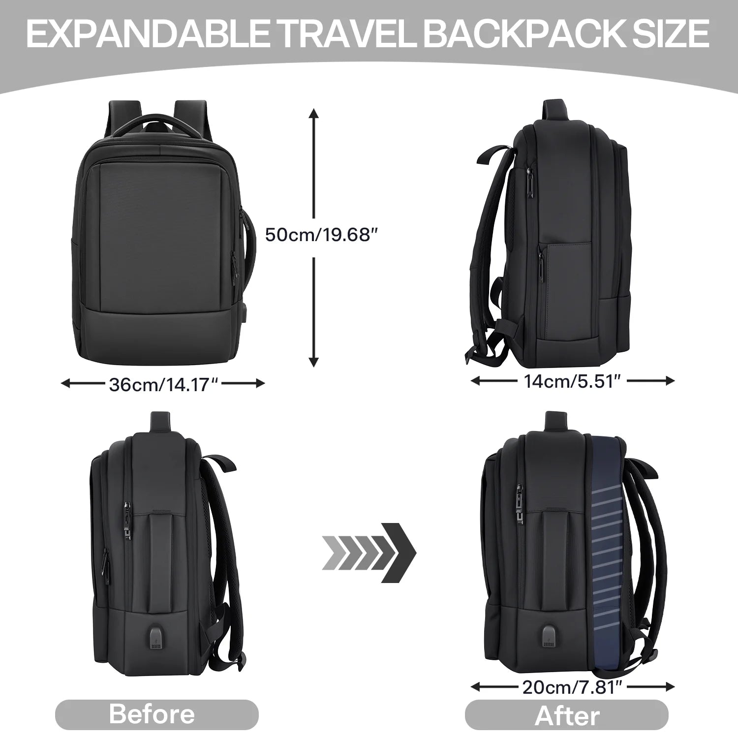Aisboks Travel Laptop Backpack with USB Charging Port – 36L Expandable Luggage Bag (40% Extra Space) for 17/15.6-Inch Laptops, Black